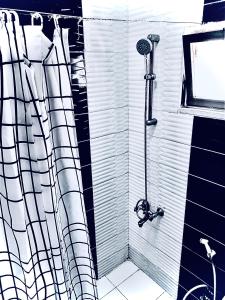亚喀巴Galaxy Apartments的带淋浴的黑白浴室