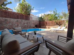 埃拉特YalaRent Fruit Tree Villa with Private Pool的一个带沙发和椅子的庭院和一个游泳池