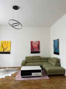 格拉茨ARTLIVING Apartment-Top 3 Self check-in的客厅配有绿色沙发和绘画作品