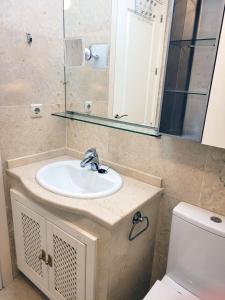 圣哈维耶尔El Oasis de las Palmeras @ Roda Golf & Beach resort的一间带水槽、卫生间和镜子的浴室