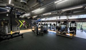 马洛Bisham Abbey National Sports Centre的健身房里设有数台跑步机和机器
