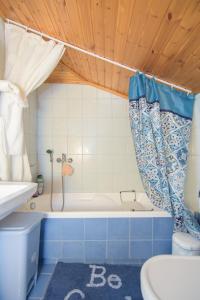 PagóndasSamian Thalia Apartment的浴室配有蓝色和白色的浴缸和卫生间。