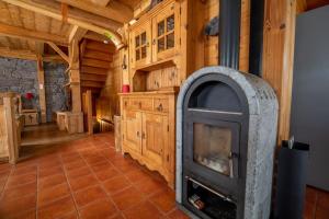 克松吕-隆日梅Les Griottes, véritable chalet de montagne, avec Jacuzzi et Sauna的一间带壁炉的大型小木屋
