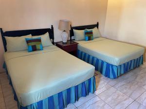 CanaanShirvan Holiday Apartments One Bedroom的两张带蓝色和白色床单的床