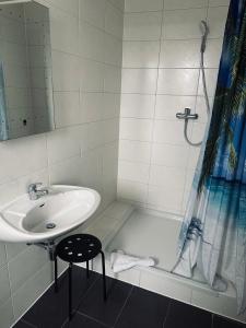 不来梅港盖斯特豪斯汉斯特酒店的白色的浴室设有水槽和淋浴。