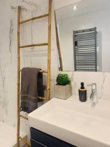 马赛Appartement Design sur Vauban - Clim et Wifi的一间带白色柜台和架子的浴室
