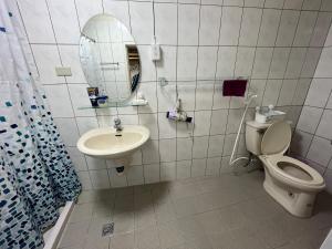 南竿马祖牛角海边民宿餐饮的一间带卫生间、水槽和镜子的浴室
