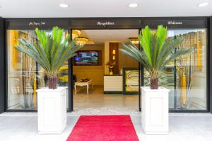 特拉布宗Alya Boutique Hotel的商店前两棵棕榈树,花瓶盖着
