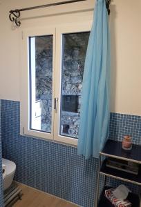 隆科索普拉阿斯科纳"Pipistrello"的浴室设有窗户和蓝色瓷砖墙