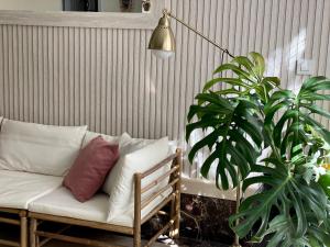 巴尔巴特Hotel Playa del Carmen的一张带枕头的沙发、一盏灯和一个植物