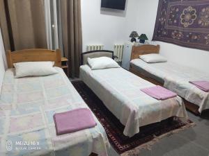 布哈拉Hotel Mosque Baland的客房内的两张床,配有紫色毛巾