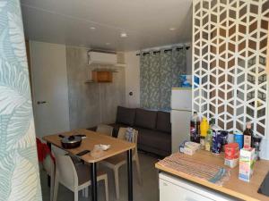 拉加尔代弗雷纳Mobil home yves et magali的厨房以及带桌子和沙发的客厅。