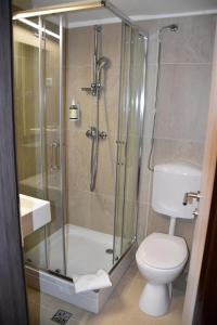 马里博尔UNI Hostel的一间带卫生间和玻璃淋浴间的浴室