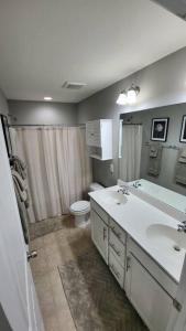 伯灵顿Mackintosh Townhome的一间带卫生间、水槽和镜子的浴室