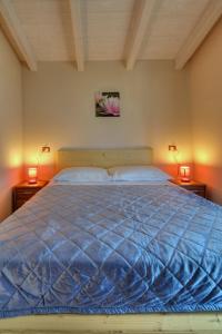 奥尔比亚Sardinia Green Park Country Lodge的一间卧室配有一张带两盏灯的大蓝色床。