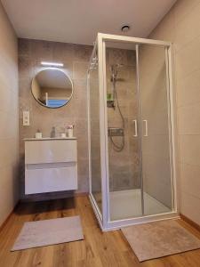 讷沙托Gîte Le Haut des Vannes的浴室里设有玻璃门淋浴