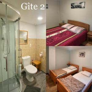 拉莎贝尔Aux Trois Gîtes的浴室设有卫生间和淋浴,两幅图片