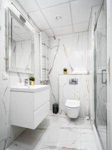 华沙Warsaw Apartments Bliska Wola的白色的浴室设有水槽和卫生间。