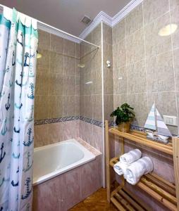阿里纳加Apartment 100 m from the beach的设有带浴缸和淋浴的浴室。
