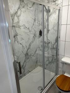 莱姆里吉斯Lucerne B&B的带淋浴的浴室和玻璃门