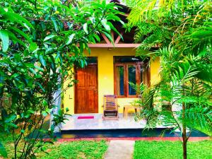 锡吉里亚Sungreen Cottage Sigiriya的黄色的房子,设有木门和椅子