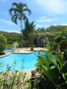 卡诺阿Hotel Bambú的一个带棕榈树的游泳池和一个游乐场