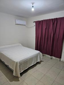 耶尔瓦布埃纳Departamento con excelente ubicación的一间卧室配有一张床和紫色窗帘