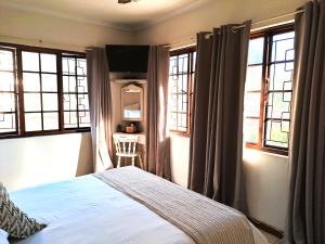 德班Old Mill Guest House的一间卧室设有一张床和两个窗户。