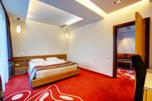 布拉索夫Hotel Ave Lux的一间卧室配有一张床和镜子