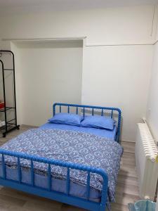 安卡拉Deeps Hostel Ankara 2的配有散热器的客房内的一张蓝色的床