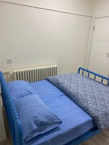 安卡拉Deeps Hostel Ankara 2的蓝色的床,配有蓝色床单和枕头