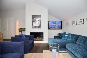 海利根达姆Villa Greif Wohnung 05的客厅配有2张蓝色沙发和壁炉