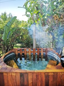 斯泰伦博斯Santika Getaway Cottage Stellenbosch的花园中木制泳池中的喷泉