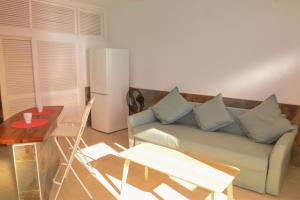 巴列埃尔莫索Apartamentos Playa Azul的带沙发、桌子和冰箱的客厅