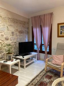 巴约讷卡萨美瑞尼若度假屋的一间带电视和石墙的客厅