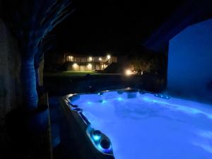 OystermouthLuxury Property with Hot Tub and Sea Views的夜晚在房子前的蓝色灯光浴缸
