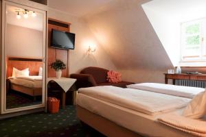 伊森斯科米特莫莉特尔穆赫酒店的酒店客房,设有两张床和镜子
