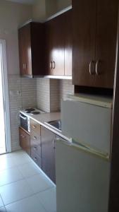 波塞蒂Kyparissis的厨房配有木制橱柜和白色冰箱。
