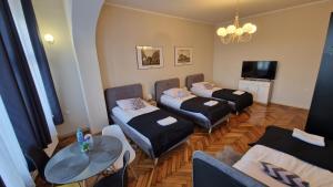 格涅兹诺Czarna Owca- Pokoje Gościnne的客房设有三张床、一张桌子和一台电视。