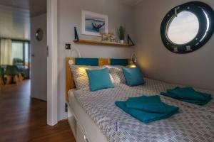 巴特Hausboot Fjord POLARIS mit Biosauna in Barth的一间卧室配有一张带蓝色枕头和镜子的床