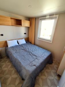 瓦尔拉普拉日Mobil-Home Eucalyptus Valras-Plage的一间卧室设有一张大床和窗户