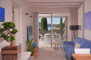 圣费利切德尔贝纳科Lamasu RioVerde - Lago di Garda的客厅配有蓝色的沙发和桌子