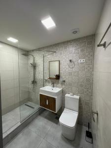 第比利斯At Funicular Hostel的浴室配有卫生间、盥洗盆和淋浴。