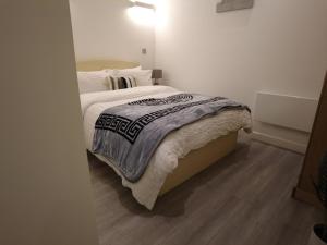 米尔顿凯恩斯Stylish 2 bedrooms, 2 bathrooms with workspace in Milton Keynes的一间卧室配有一张铺有木地板的床。