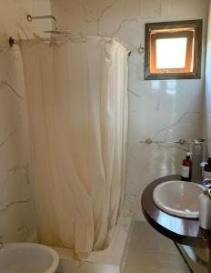 埃尔卡拉法特霍斯特里亚海宁酒店的浴室配有淋浴帘和盥洗盆。