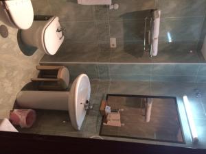 波拉-德阿良德Hotel Nueva Allandesa的一间带卫生间、水槽和镜子的浴室