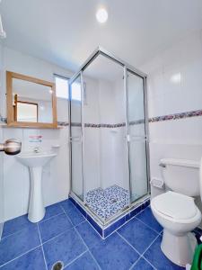 科韦尼亚斯Condominio bahia blanca的带淋浴、卫生间和盥洗盆的浴室