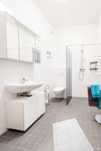 约阿希姆斯塔尔Ferienwohnungen direkt am Werbellinsee的白色的浴室设有水槽和卫生间。