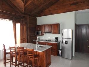 福尔图纳坎普佛得酒店的厨房配有不锈钢冰箱和木制橱柜