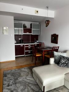 亚斯塔尔尼亚APARTAMENT 345 w Domu Zdrojowym - Jastarnia的客厅以及带桌子和沙发的厨房。
